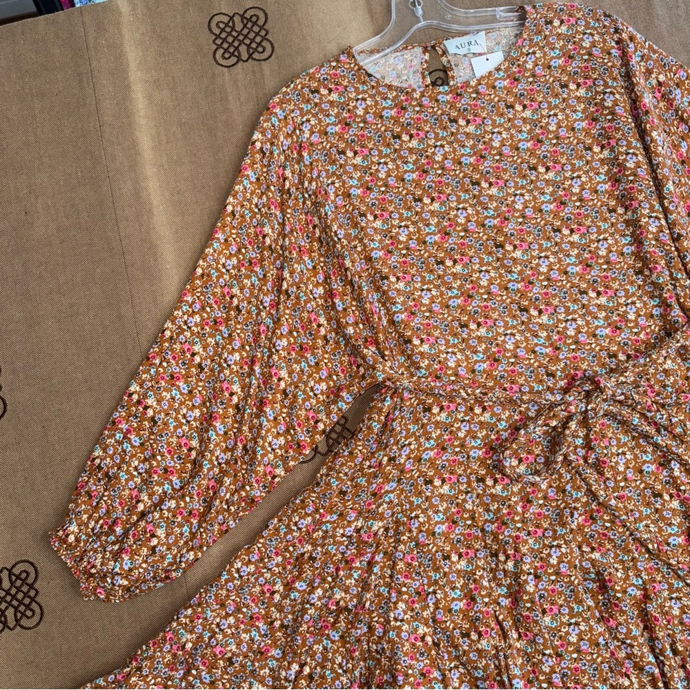 Aura Ella Mini Print Braided Brll Short Dress In Brown /Multi Floral Print - Picture 6 of 16
